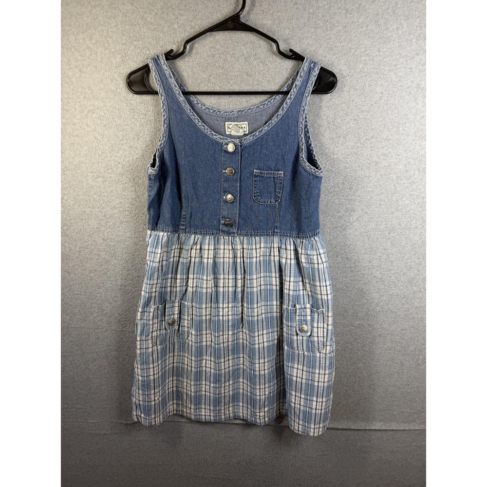 Arizona Jean Company Dress Juniors 7 Blue Denim Plaid Tank Sundress Pockets